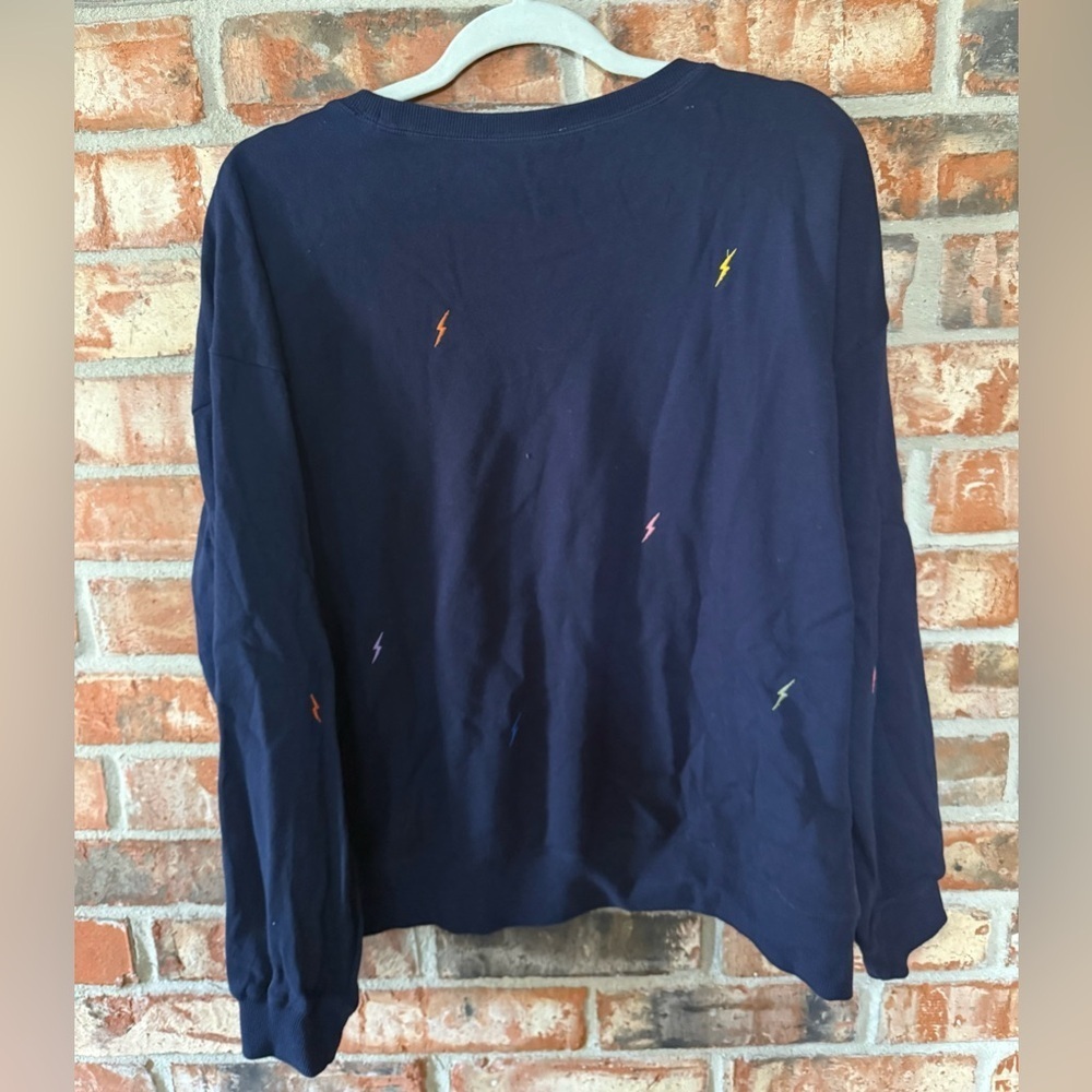 Love Stitch Dark Blue Sweater with embroidered Multicolor Bolt Accents - Picture 3 of 8